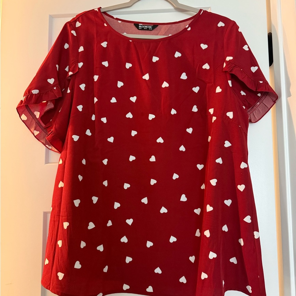 A New Day Red Boxy Blouse with Heart Pattern